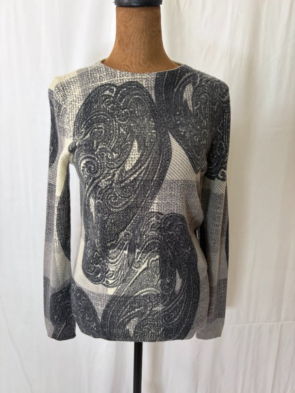Talbots 100% Cashmere Paisley Patchwork Sweater Gray Ivory S